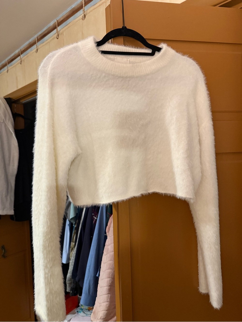 H&M Cream Fuzzy Cropped Crewneck Sweater